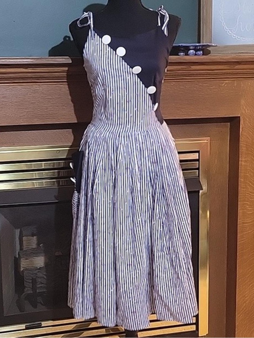Unique Vintage Hamilton Swing Striped Navy & White Floral Tie-Shoulder Dress